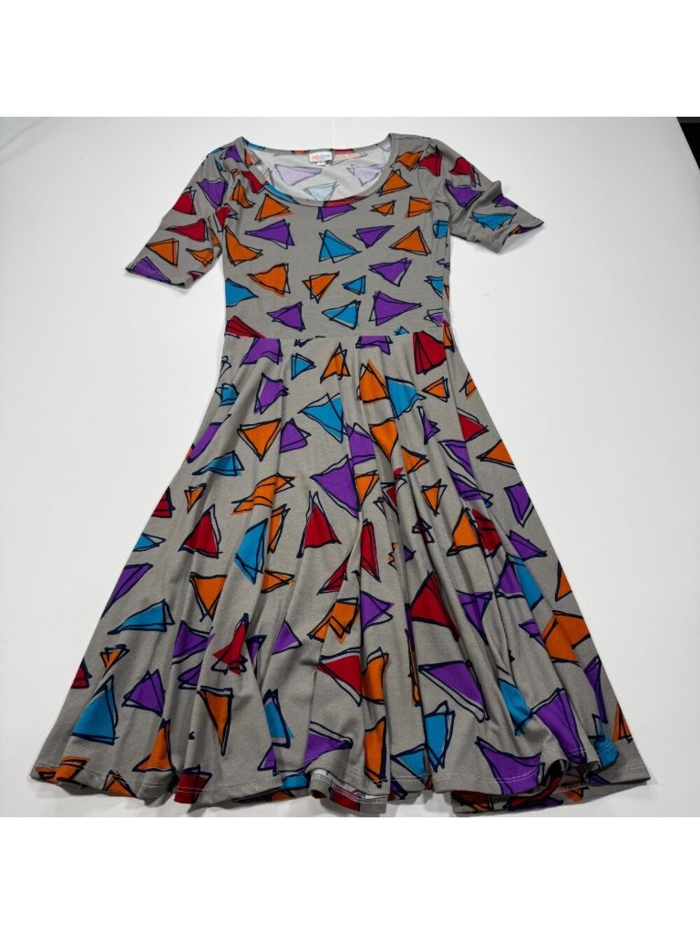 LuLaRoe Dress Women's S Gray Geometric Polyester Fit & Flare Pleated Stretch